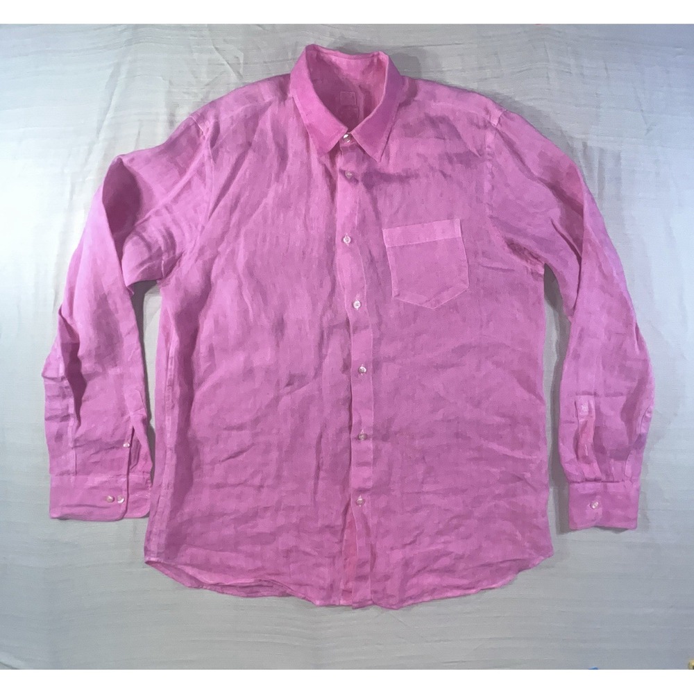 120 lLno shirt Men's XL Long Sleeve Button‎ up Pink Linen Pocket 100% Linen - Picture 2 of 16